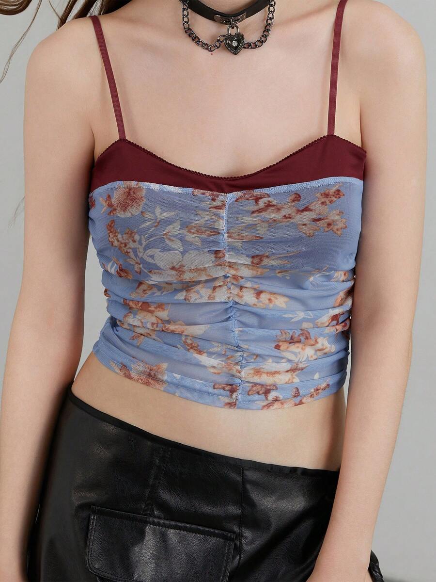 Women Spaghetti Straps Crop Camisole Summer Ruched Backless Solid Color Floral Leopard Sleeveless Tank Tops - 藍色 - 查看 1