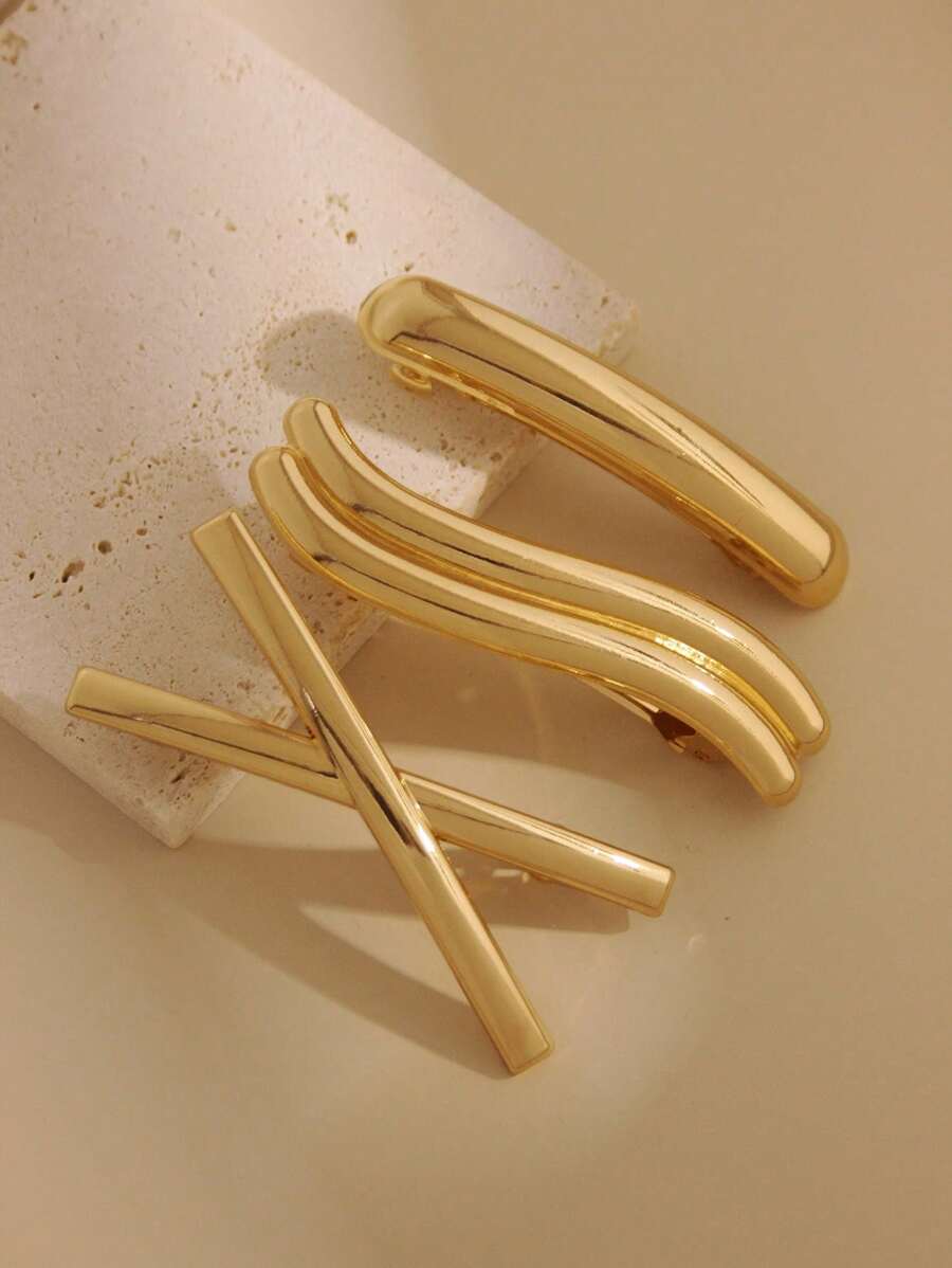 3 nuevos clips de resorte de aleación de alta gama, clips de cabello asimétricos de estilo punk personalizados, clips sin costuras de estilo fresco para mujer - Dorado - Ver 1