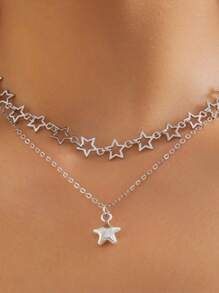2pcs/Set Punk Hollow Star Pendant Necklace For Women Simple Silver Color Metal Link Chain Choker Necklace Set - 2-piece Set - View 3