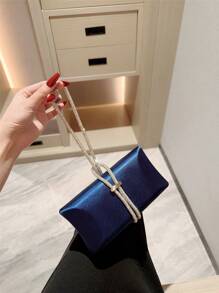 Women's Fashionable Sparkling Crystal Decor Satin Box Clutch Purse, Evening Party Bag For Gala, Christmas Dance - Blue - View 3