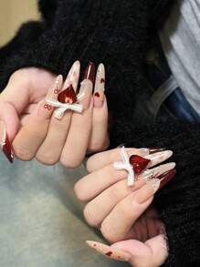 30 piezas/paquete Decoraciones de arte de uñas con cristales de rinoceronte en forma de corazón retorcido K9, tamaños grandes/medianos/pequeños, cristales de rinoceronte de corazón súper brillantes, suministros de uñas de color melocotón/blanco/degradado - Rojo - Ver 6