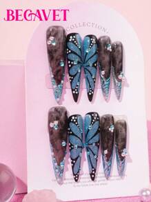 BEGAVET New Spring&Summer Collection 10pcs Handmade Salon Quality Nail Art Press On Nails Handpainting Shimmer Nails Super Long Exclusive Design 3D Nails With 3D Charms, Suitable For New Year Parties/Music Festival And Daily Wear