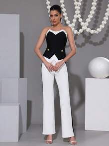 Modphy 2pcs Women 2 Pieces Set: Elegant Color Block Strapless High Waist Top & Straight Leg Pants, Bodycon Outfit - Black and White - View 2