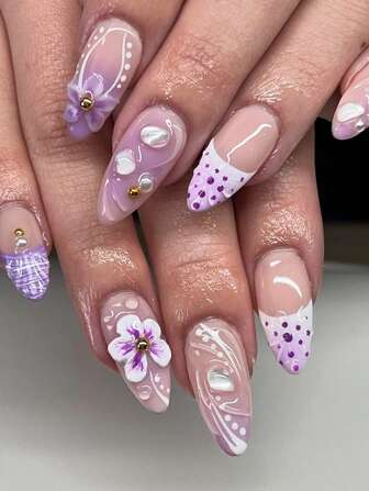 24 件法式紫色假指甲 3D 花朵按压指甲波尔卡圆点指甲艺术短杏仁形按压指甲美甲套装包括 1 片粘合标签和 1 个迷你锉刀，非常适合日常佩戴美甲用品