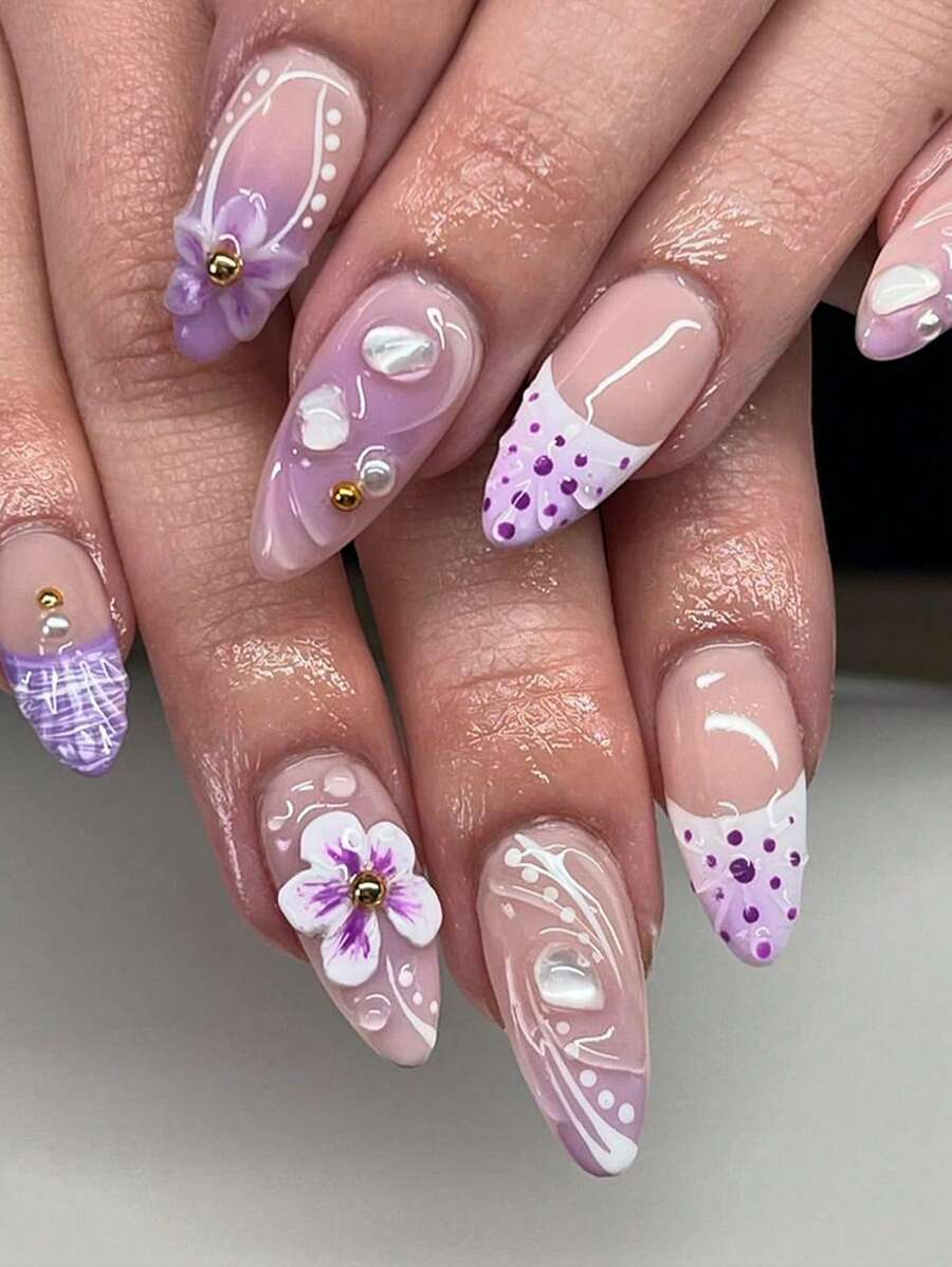 24 件法式紫色假指甲 3D 花朵按压指甲波尔卡圆点指甲艺术短杏仁形按压指甲美甲套装包括 1 片粘合标签和 1 个迷你锉刀，非常适合日常佩戴美甲用品 - 彩色 - 查看 1