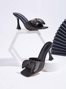 Shallow Grey Satin Handmade Bow Knot Decor Stiletto High Heel Cocktail Cup Heel Shallow Grey Fashionable Women High Heel Sandals, Bow Knot Direction And Texture Randomly
