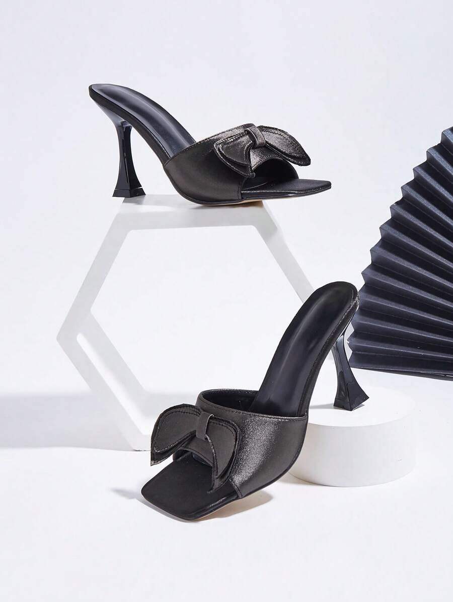 Shallow Grey Satin Handmade Bow Knot Decor Stiletto High Heel Cocktail Cup Heel Shallow Grey Fashionable Women High Heel Sandals, Bow Knot Direction And Texture Randomly