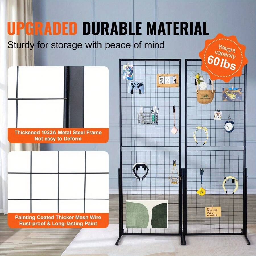 2 Packs Of 2 'x 5.6' Grid Wall Panel Tower, With T-Shaped Base Floor Standing Metal Grid Wall Display Stand, Double-Sided Grid Wall Panel For Art And Crafts Display, Retail Display Stand With Additional Clips And Hooks