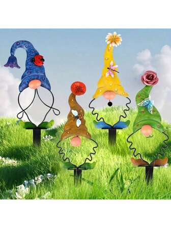 POSIGLOWTH A 4-Piece Creative Steel Garden Gnome Statue Set With Nails, Perfect For Decorating Your Garden, Yard, Outdoor Terrace, And Lawn!