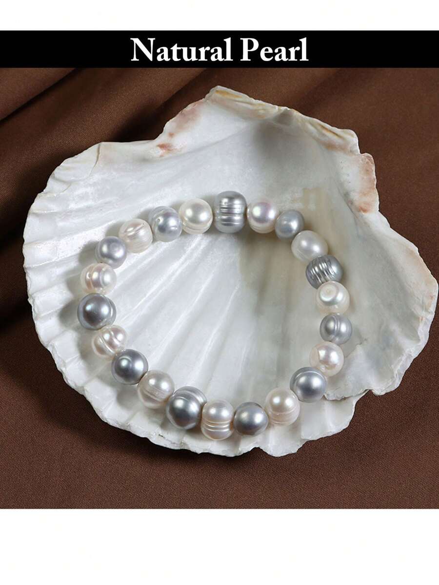 1 Chuỗi ngọc trai nước ngọt tự nhiên 9mm màu xám và trắng, kết cấu giống khoai tây chiên, thanh lịch và thời trang, quyến rũ, phù hợp cho phụ nữ mặc hàng ngày hoặc dự tiệc. - vòng tay đính cườm - Xem 1