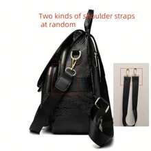 Mochila de estilo de moda con estampado de cocodrilo negro para mujer - Bolso de viaje y compras multipropósito con cremallera dorada, correa ajustable y remaches decorativos