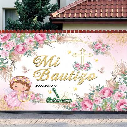 1 pieza Pancarta personalizable para fiesta de primer bautizo, de poliéster, con diseño de ángel con flores de primavera como telón de fondo fotográfico, nombre personalizado en español, decoración para pared del hogar y mesa del pastel, disponible en 3 tamaños, impresión gráfica