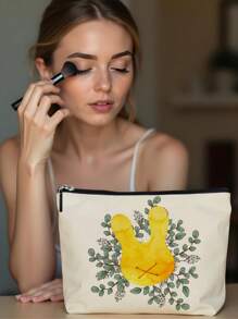 1 件复活节兔子和格子字母亚麻印花化妆包，可爱旅行化妆包和多功能零钱包，女性必备轻便礼物