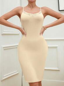 Women's Sexy Lace Solid Color Spaghetti Strap Elastic Soft Comfortable Bodycon Dress - Apricot - View 4