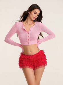Women Lace Bloomers Shorts Casual Summer Layered Ruffles Elastic Short Pants For Vacation Beach Club Streetwear - 紅色 - 查看 4