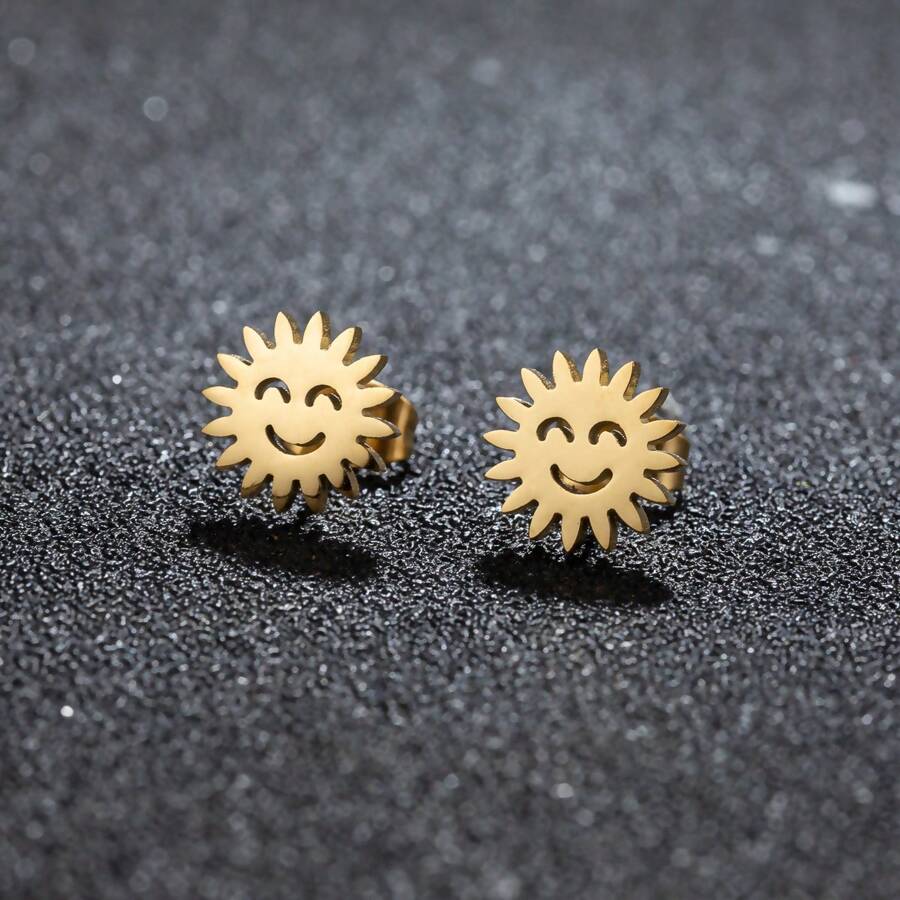 1 对时尚不锈钢女式向日葵和笑脸镂空甜美耳环，适合女性新娘日常佩戴的婚礼首饰 - 2-GED638 - 查看 1