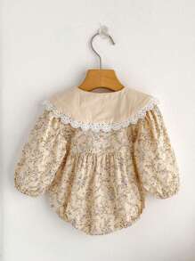 Baby Girl Peter Pan Collar Ditsy Floral Long Sleeve Bodysuit, Suitable For Spring And Autumn - Apricot - View 3