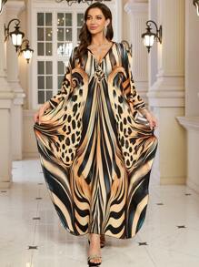 Women's Elegant Leopard Print Robe Plus Size Bohemian Style Batwing Sleeve Loungewear Dress Dignified Arabian Style Robe Set Eid Spring - Multicolor - View 1