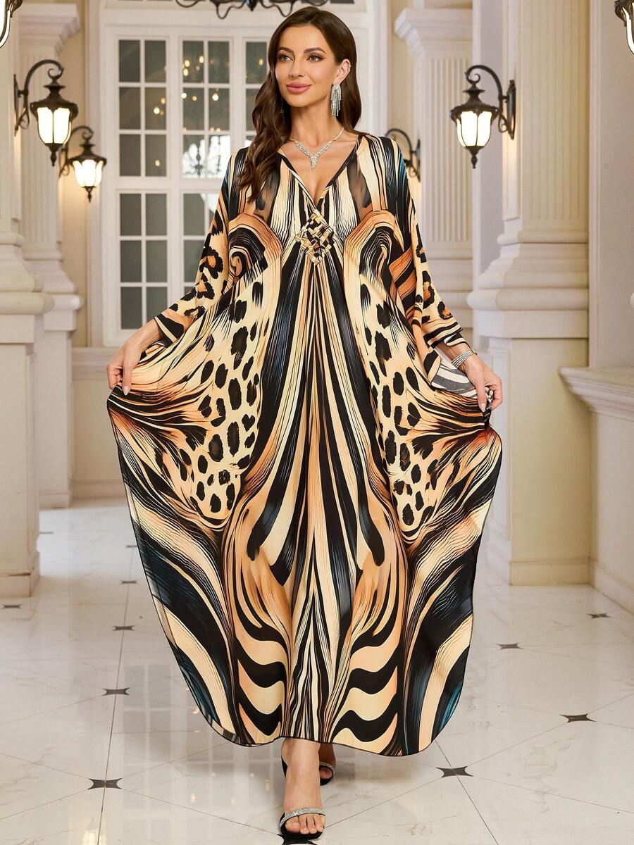 Women's Elegant Leopard Print Robe Plus Size Bohemian Style Batwing Sleeve Loungewear Dress Dignified Arabian Style Robe Set Eid Spring - Multicolor - View 1