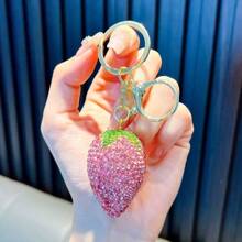 1pc Fully Diamante Strawberry Key Chain, Fashion Creative Bag Pendant Keychain Accessory