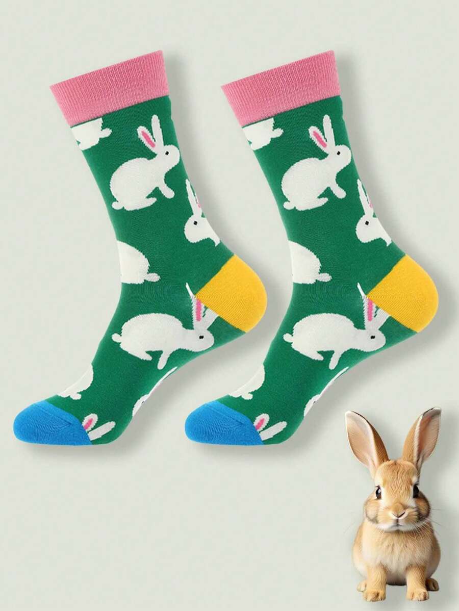 1 Pair Women And Men Funny And Cute Rabbits Crew Sock Comfortable For Daily , Sport , Party - Multicolor - View 1