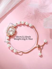 1 件女士方形表盘石英表，配珍珠表带、水晶刻度、优雅时尚腕表（不含表盒）