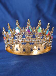 1pc Elegant Women Rhinestone Decor Crown Design Luxury Headband, For Decoration Royal Tiaras Valentine's Day Accessories - 金色 - 查看 6