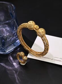 2pcs/Set Fashionable Minimalist Versatile Delicate Commuting Casual Hollow Ball Gold Color Bangle Bracelet & Ring Set For Women - Yellow Gold - View 4