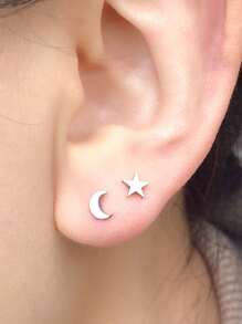 2Pcs/Set Simple Piercing Stud Earrings Stainlesss Steel Mini Small Moon Star Asymmetric Earring For Women Cartilage Helix Tragus Conch Flat Rook Snug Ear Piercing Jewelry - A Set Of Asymmetrical Ball Star and Moon Earrings - View 12