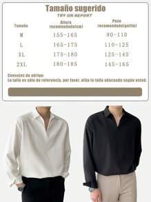 Los hombres de color sólido suelto jersey de cuello en V de manga larga camisa, versión coreana de los hombres de la  de gángster guapo sedoso drapeado camisa, la primavera y el otoño de camisas, adecuado para todos los días casual, el trabajo de desplazamiento, con pantalones de traje de desgaste - Negro - Ver 5
