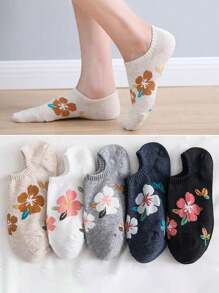 5 Pairs Women's Floral Pattern Versatile High Fashion Solid Color Simple Comfortable Soft Casual Student Style Girly Mori Style Anti-Slip Short Socks - Multicolor - View 2