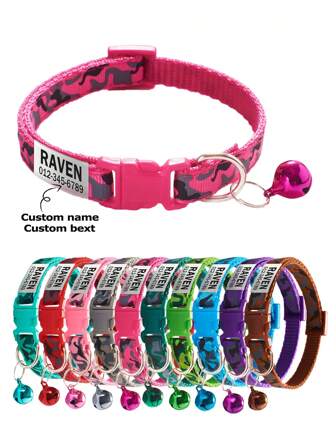 1pc Customizable Camouflage Pattern Pet Collar, Adjustable Size With Sound Bell + Stainless Steel ID Tag, Personalized Engraving Of Pet Name, Phone And Address, Suitable For Small Dogs Or Cats For Daily Use,Customized Pet Collars, Leashes & Harnesses,Easy Comfort,Vacay Vibes,Personalized Pet For Anniversaries