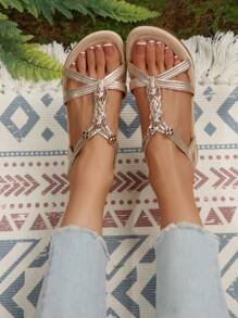 2025新款舒适后绑带甜美波西米亚风时尚透气圆头软底女士平底凉鞋，简约纯色水钻休闲沙滩露跟防滑耐磨平底鞋；串珠春夏度假风复古软底星交叉绑带欧美凉鞋