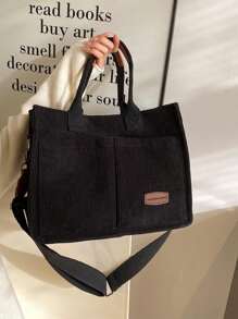 Striped Corduroy Shoulder Tote Bag Large Capacity Foldable - Black - View 7