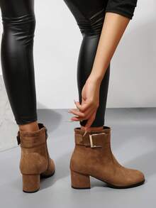 新款秋冬厚底圆头侧拉链时尚百搭高跟踝靴，弹性踝部设计，穿着舒适 - 棕色 - 查看 5