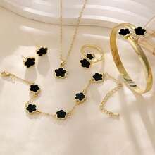 6 pezzi set di gioielli in lega a forma di foglie e quadrifogli per donne - bracciale, collana, orecchini a perno, ciondolo a fiore della fortuna