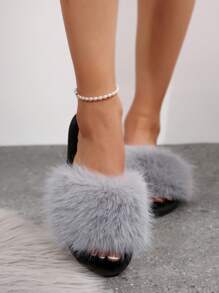 Elegant Grey Faux Fur Ladies' House Slippers, Comfortable & Fashionable Indoor Slippers, Non-Slip House Shoes