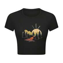 Women's Crop Top T-Shirt - Sunset Forest Adventure Design In Black