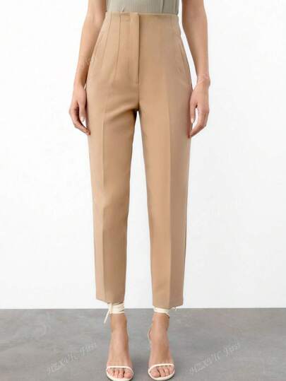 Pantaloni da donna di colore unito, eleganti, in vita alta, adatti per l'ufficio e occasioni casual