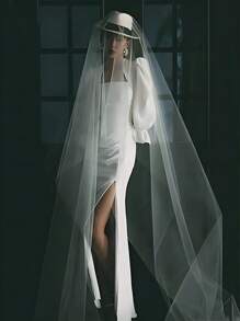 1 Pieza [Apariencia Etérea] Elegante Velo Nupcial Blanco de 3 Metros - Poliéster Suave, Capa Única, Diseño de Cola Larga Romántica, Adecuado para Bodas y Fotografía, Ropa Elegante y Elegante sin Peine para el Cabello para Mujeres - A - Ver 7