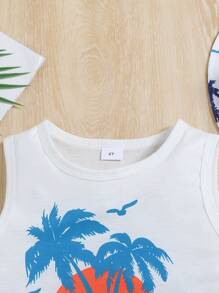 BrownBark 3 sztuki/zestaw chłopięcy letni swobodny zestaw na wakacje na plażę, zachód słońca, palma, mewa i nadruk literowy, top + spodenki + czapka, nadaje się do noszenia na co dzień i na zewnątrz - Wielokolorowe - Zobacz 3