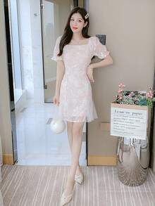 RUIWY 春夏束腰珍珠串珠雪纺迷你连衣裙，迷人设计 - 粉色 - 查看 7