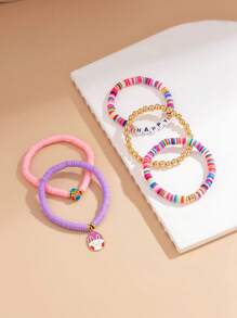 5pcs Fashionable Easter Elements Rabbit & Egg Pendant Bracelets Set, Stackable Colorful Beaded Resin Letter Charm Bracelet, Women Daily Accessory And Holiday Gift Jewelry