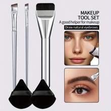 Makeup Brush Set Includes: 1pc Concealer Flat Top Brush, 2pcs Silver Ultra- Makeup Sponge Blades, 2pcs Black Triangle Makeup Sponges, Suitable For Beginners