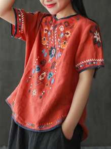 Women's Embroidered Blouse Cotton Linen Short Sleeve Peasant Boho Mexican Tunic Top Casual T Shirt - 紅色 - 查看 2