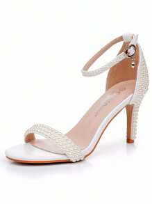 8厘米象牙色珍珠宴会凉鞋，春夏时尚铆钉露趾高跟系带凉鞋，适合新娘、婚礼、周年纪念、情人节、毕业典礼、舞台、女士超高跟凉鞋、派对 - Beige 8cm Heel - 查看 3