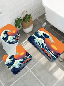 1 conjunto, patrón de ola, paisaje de puesta de sol, coche, tabla de surf, juego de 3 piezas de alfombra de baño de elementos diarios, alfombra de baño absorbente y lavable, alfombra de baño antideslizante, tapa de inodoro, alfombra de baño gruesa y suave, ducha, cocina, lavandería, baño, sala de estar, dormitorio, alfombra de interior, accesorio de decoración del hogar