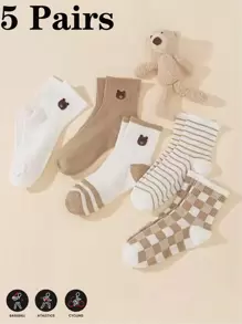 Set de 5 pares de calcetines bajos y casuales para mujer con lindo estampado de oso, de estilo de moda, transpirables y cómodos
