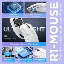 ATTACK SHARK Mouse Leve ATTACK SHARK R1 com Bluetooth Wireless Triplo Modo, Mouse Gamer Esportivo PAW3311 para Computador, Laptop, Adequado para Mini PC e Escritório