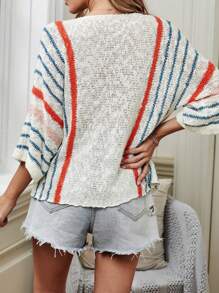 女士条纹细节宽袖轻质针织毛衣